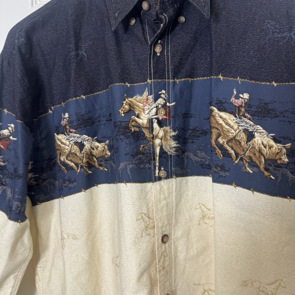 Bit & Bridle Tri Color Cowboy Rodeo Long Sleeve Button Down Shirt Men's Size L - Picture 2 of 5